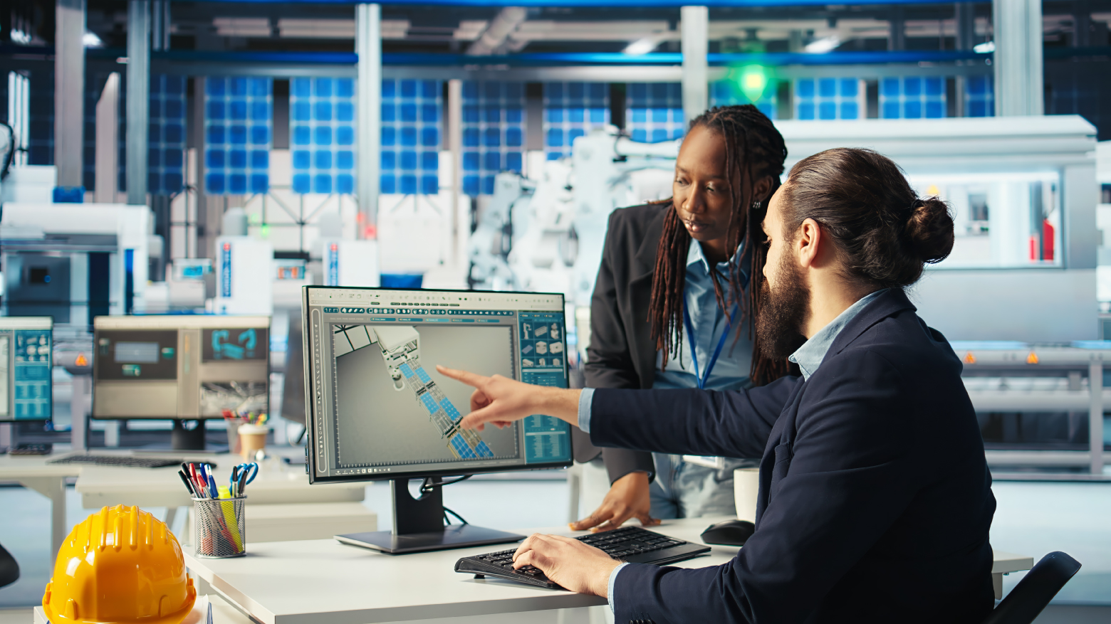 Business owner and IT consultant reviewing a manufacturing cybersecurity assessment report